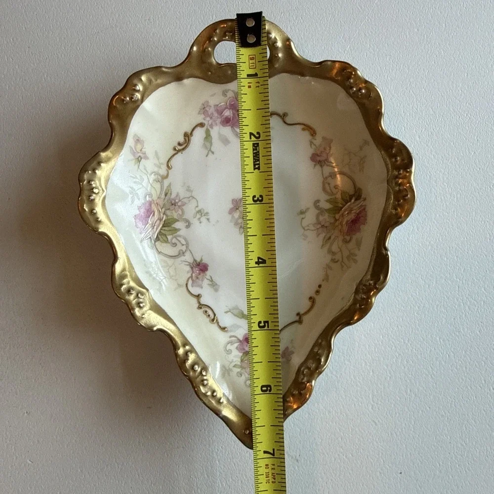 VTG Limoges France Hand Painted Roses Gold Trim Heart Leaf Shape 7